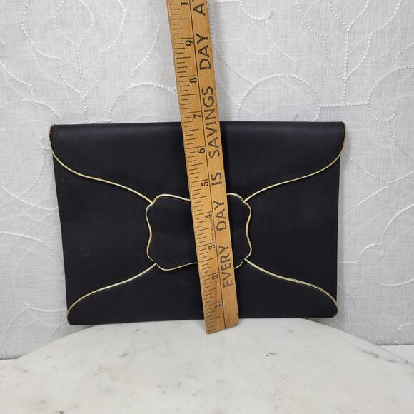 Vintage Yves Saint Laurent Silk Envelope Clutch 9" Black Gold Trim France - Picture 7 of 16